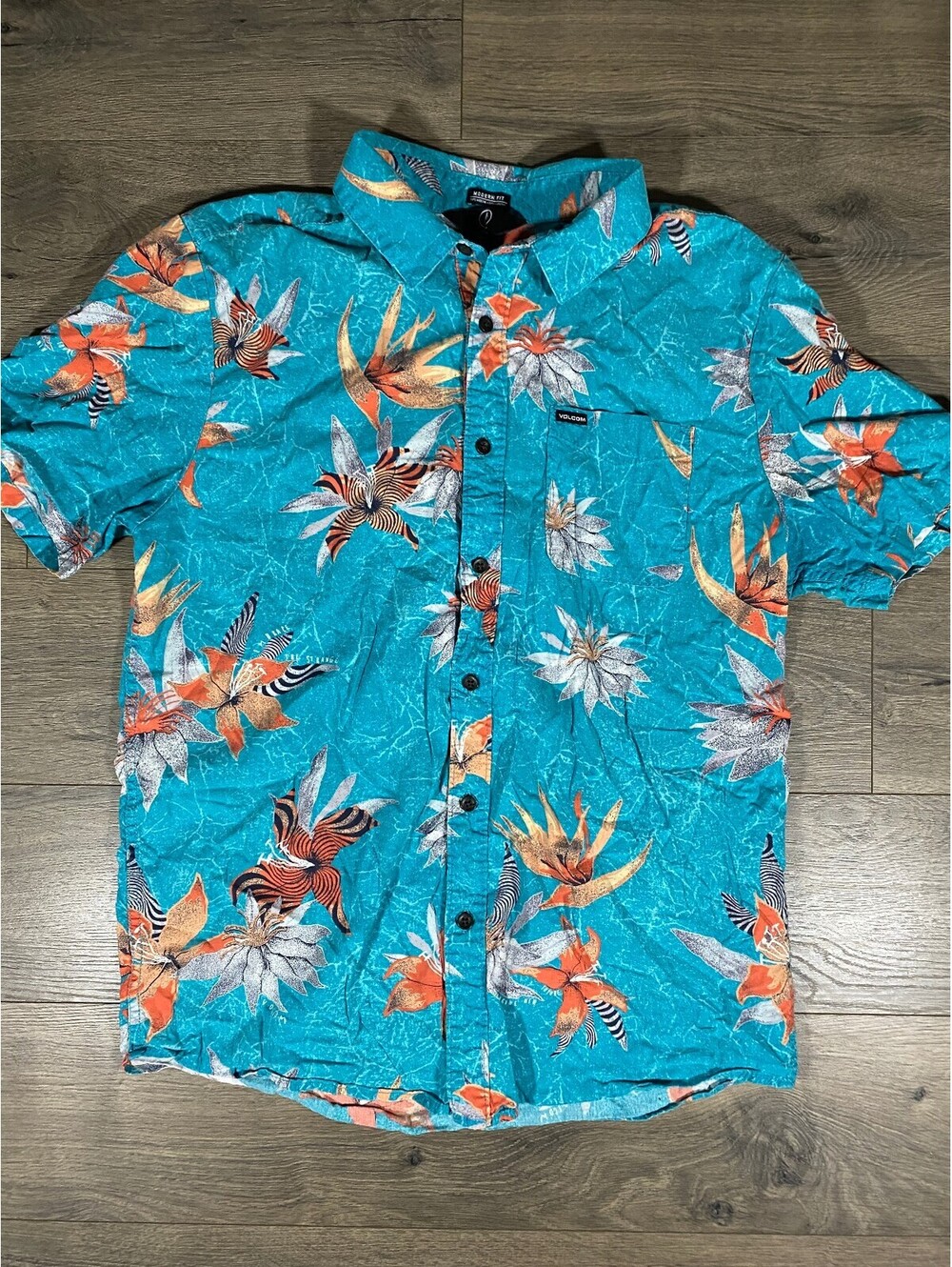 Volcom Shirt Mens L Teal Floral Tropical Modern Fit Button Up Short Sleeve